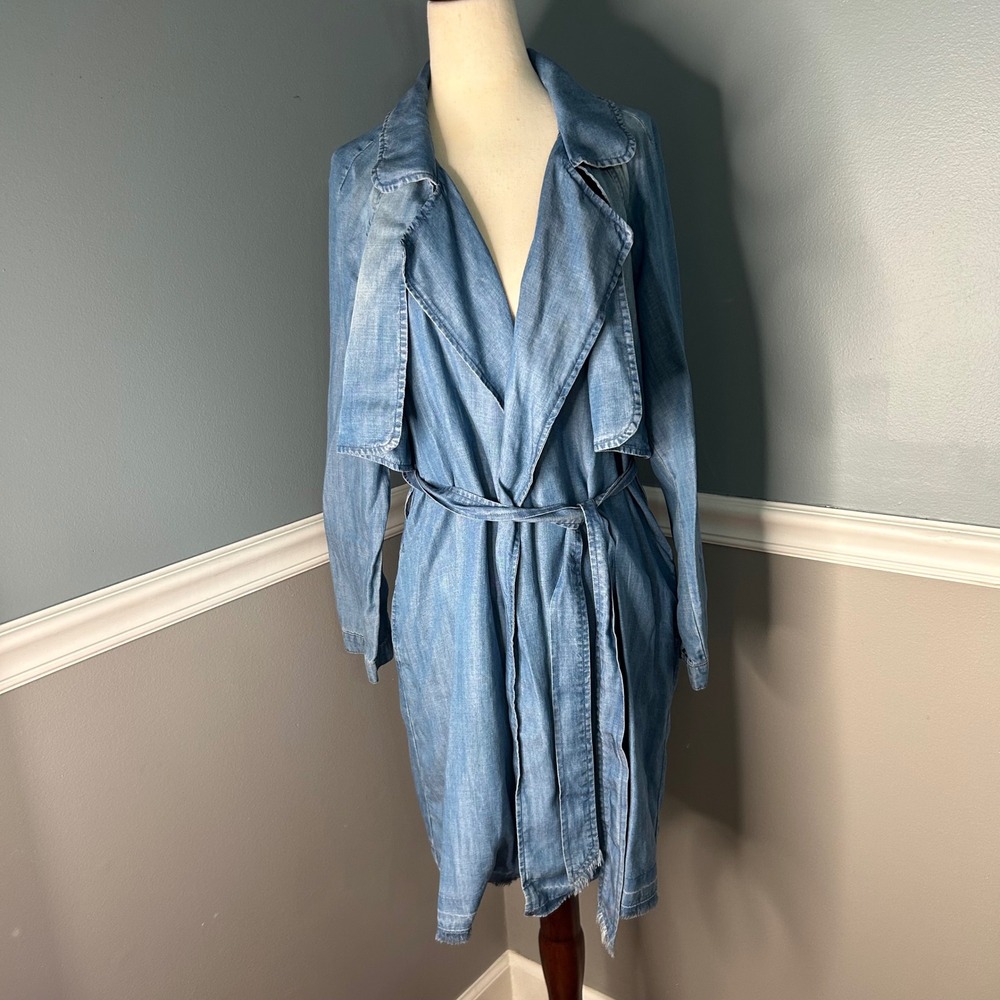 Cloth & Stone Blue Tencel Denim Duster Trench Coat Tie Waist Raw Hem XS